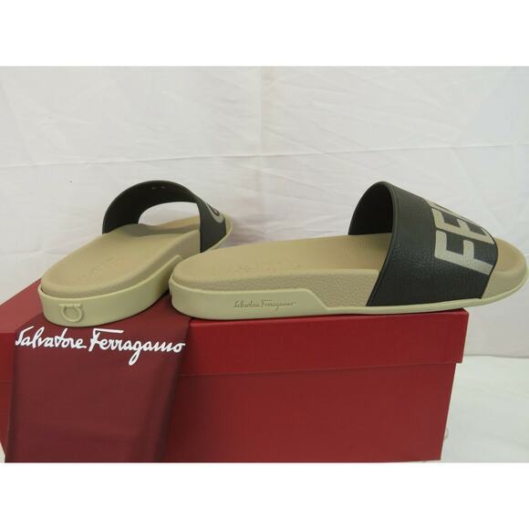 SALVATORE FERRAGAMO AMOS DARK BROWN RUBBER LETTERING LOGO SANDALS SLIDES 10 M